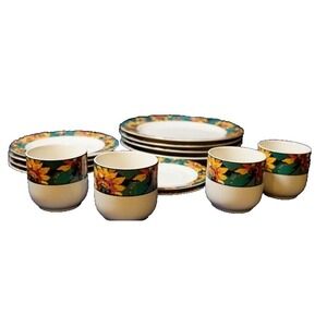 1994‎ Sue Zipkin Stoneware Sunflower Dinnerware Set 14 Pieces -NO CHIPS